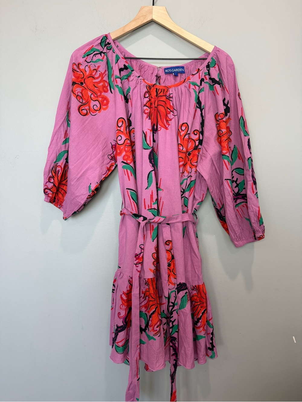 Ro's Garden Vera floral puff-sleeve belt dress size large